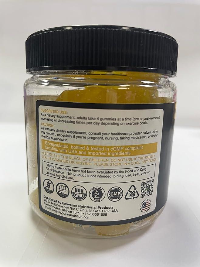 EnvyCure Creatine Monohydrate Gummies for Men & Women - with BCAA, Collagen Peptides, L-Taurine, Vitamin B12, D3, Creatine Monohydrate 5000mg (5g) Per Serving, Lemon Flavor, Sugar Free, 1 Pack