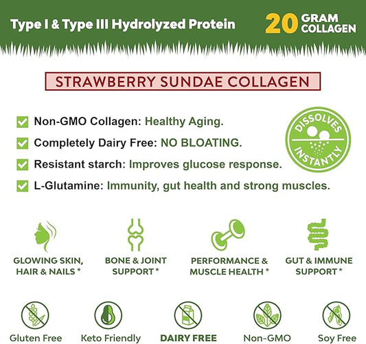 MariGold Grass-fed Collagen Peptides Powder Strawberry Sundae 1LB - 100% Pure, Type I & III Bovine Hydrolyzed Collagen, Non-GMO, Hormone Free, Soy Free, Gluten Free, Dairy Free, Keto-Friendly