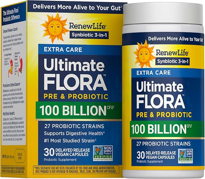 Renew Life Ultimate Care Probiotic Capsules, Daily Supplement Supports Respiratory, Digestive and Immune Health, L. Rhamnosus GG, Dairy, Soy and gluten-free, 100 Billion CFU, 30 Count