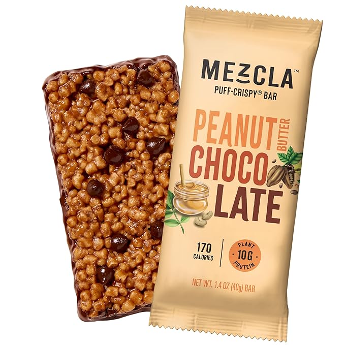 Mezcla Puff Crispy Protein Bars, Gluten Free & Vegan Protein Bars, 10g Protein, Alt for Crispy Rice Treat, Granola Bars & Breakfast Bars, Healthy Snacks for Adults, Peanut Butter Chocolate, 1 Count