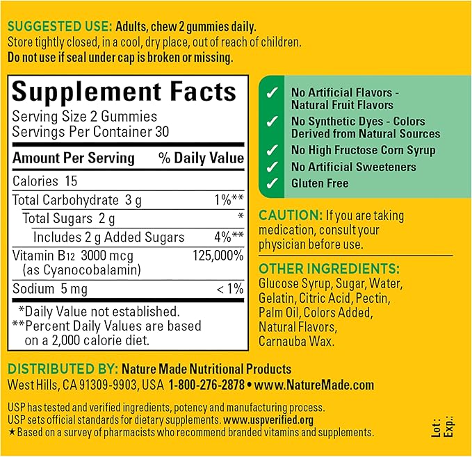 Nature Made Extra Strength Vitamin B12 Gummies 3000 mcg per serving, B12 Vitamins for Energy Metabolism Support, 60 Gummy Vitamins, 30 Day Supply