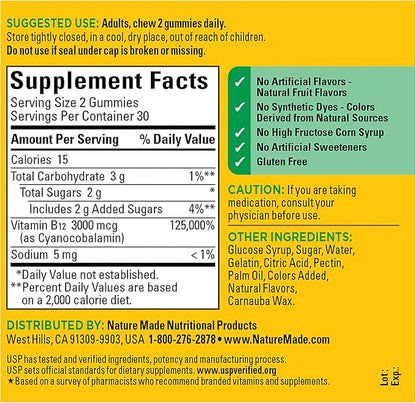 Nature Made Extra Strength Vitamin B12 Gummies 3000 mcg per serving, B12 Vitamins for Energy Metabolism Support, 60 Gummy Vitamins, 30 Day Supply