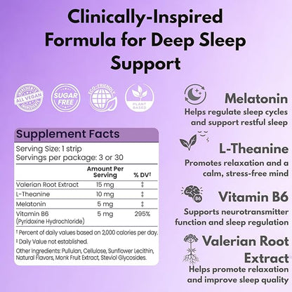 Riize Sleep Strips, Fast Acting Dissolvable Oral Supplement with 5mg Melatonin, Valerian Root, L-Theanine, Vitamin B6, Natural Flavors, Vegan (3 Count)