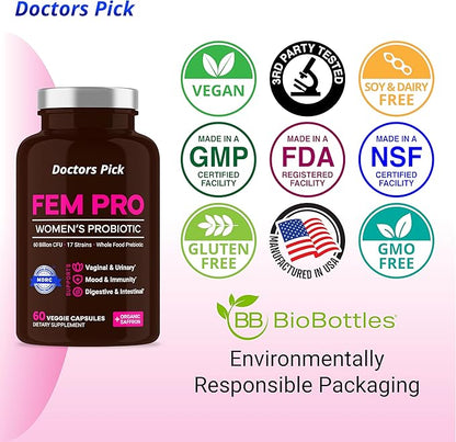 Fem Pro Probiotics for Women. 17 Clinically Effective Strains for Vaginal, Digestive & Immune Support, Urinary Tract Health, pH Balance and Mood. 60 Veggie Capsules, 2 Month Supply