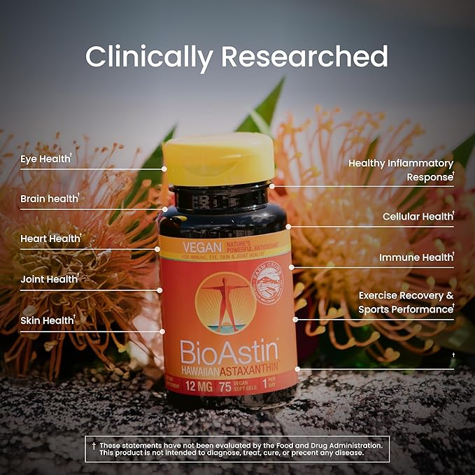 Nutrex Hawaii Vegan BioAstin Hawaiian Astaxanthin - 12mg, 75 Softgels - Farm-Direct Premium Antioxidant Supplement to Support Eye, Skin, Joint & Immune System Health - Non-GMO & Gluten-Free