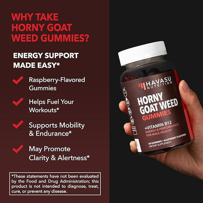 Horny Goat Weed Gummies with Vitamin B12 - Energy, Endurance & Performance Support for Male Health - 30 Count - Vegetarian-Friendly, Non-GMO, Pectin-Based - Raspberry Flavor, 15 Servings
