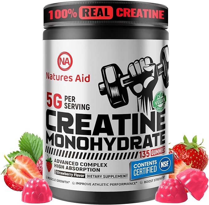 Natures Aid NSF Certified Creatine Gummy 5g - Creatine Monohydrate Gummies – Pre-Workout Energy & Muscle Growth Support for Men & Women | Strawberry Electrolyte Gummies (135 Count)
