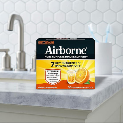 Airborne 1000mg Vitamin C with Vitamin D & Zinc, Sugar Free Multivitamin Immune Support Supplement, Antioxidants Vitamins A C & Vitamin E, 30 Effervescent Tablets, Zesty Orange Flavor