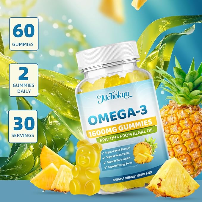 Vegan Omega-3 Gummies 1600mg EPA & DHA from Algal Oil, Fish Oil Alternative for Adults & Kids, Omega 3 Supplement with Vitamin D3 K2 for Brain, Eye & Immune Health Sugar Free Pineapple, 120 Count