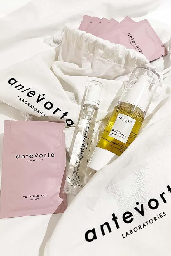 Antevorta Feminine Care - The Discovery Kit - Hydrating Cleansing Gel (30ml), Intimate Pocket Spray (17ml) & Flushable Intimate Wipes (5 Pack) - pH-Balanced Female Control Travel Set