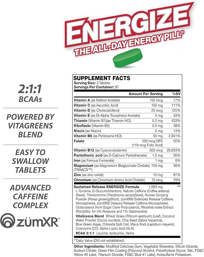 iSatori Energize Immunity Caffeine Pills - Keto Friendly Vitamin A, B12, C, D, & E Supplement + Fast Acting Energy Pill - Daily Immune Support, Super Greens, All Day Energy, No Jitters - 90 Tablets