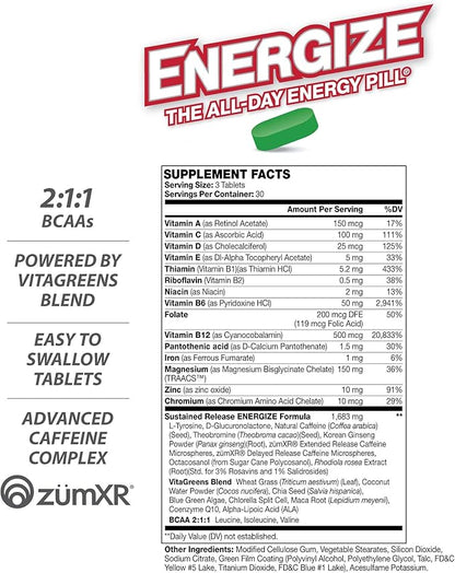 iSatori Energize Immunity Caffeine Pills - Keto Friendly Vitamin A, B12, C, D, & E Supplement + Fast Acting Energy Pill - Daily Immune Support, Super Greens, All Day Energy, No Jitters - 90 Tablets