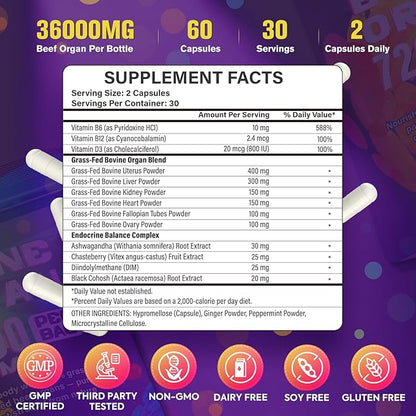 Beef Organ Supplement for Women - 100% Grass Fed Beef Organs with Bovine Liver, Ovary, Uterus, Kidney, Heart & Fallopian Tubes - PMS, Menopause & Energy, Immune & Mood Support, 60 Count