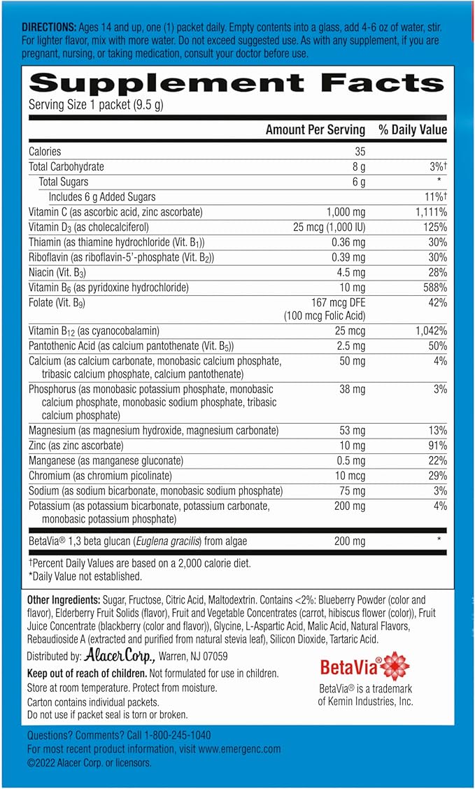 Emergen-C Immune+ Triple Action Immune Support Powder, BetaVia (R), 1000mg Vitamin C, B Vitamins, Vitamin D and Antioxidants, Elderberry – 18 Count