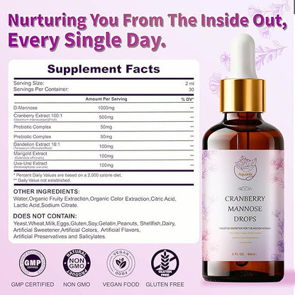Cranberry & D-Mannose Drops for Women - Urinary* Tract Support - Liquid Herbal Tincture Supplement - Sugar-Free, Fast Absorption, 2 fl oz