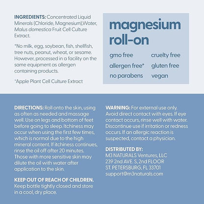Magnesium Roll On for Adults & Kids, Easy Application for Sore Muscles, Feet, Joints and Leg Cramps, Helps with Sleeping and Post-Workout Recovery, for Sensitive Skin, 3 fl oz, by M3
