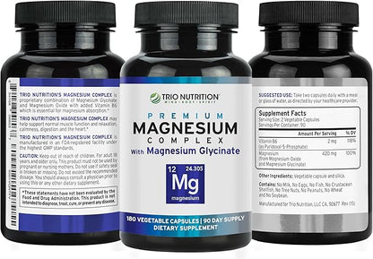 Trio Nutrition Magnesium Complex 90 Day Supply 420 mg | Natural Calm, Relax, Stress Relief, and Muscle Recovery |Magnesium Glycinate Supplement with Vitamin B6 for Rapid Absorption*