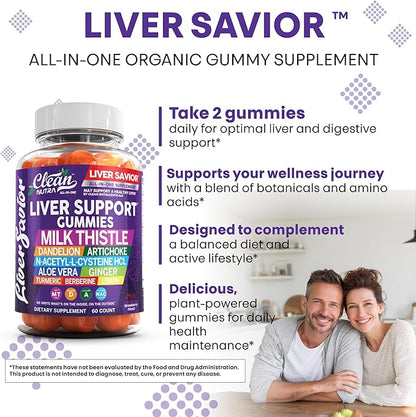 Clean Nutra Liver Cleanse Detox & Repair Gummies | Milk Thistle Gummy Liver Support Vitamins | Dandelion, Artichoke, Aloe Vera, Ginger, Berberine, Lemon, N-Acetyl-L-Cysteine, Turmeric Supplement HCL