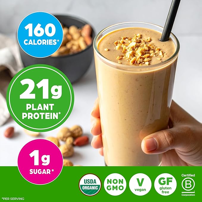 Orgain Organic Vegan Protein Powder, Peanut Butter - 21g Plant Protein, 7g Prebiotic Fiber, Low Net Carb, No Dairy Ingredients, No Added Sugar, For Shakes & Smoothies, 2.03 lb (Packaging May Vary)