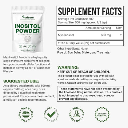 Purisure Inositol Powder, 250g, Fertility, Hormonal Balance and Ovarian Support, Pure Powder, Inositol Supplement to Support Energy and Brain Wellness, Vegan, Non-GMO, 500 Servings