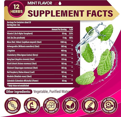 12in1 Maca Root Liquid Drops with Ashwagandha, L-Arginine, Chasteberry, Dong Quai, Black Cohosh, Shatavari, Red Raspberry, Rhodiola Rosea, Calendula and More - 30ml 1 Fl Oz