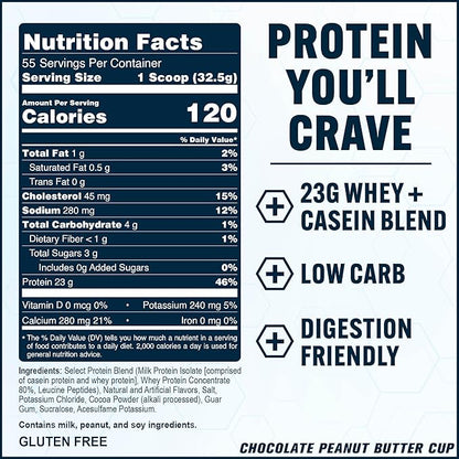 PEScience Select Protein Powder, Whey and Casein Blend, Lean Protein Powder for Women and Men, Low Calorie, Low Carb, Keto Friendly, Gluten Free, Chocolate Peanut Butter Cup - 55 Servings