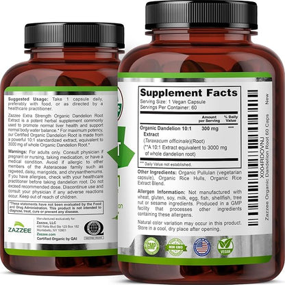 Zazzee USDA Organic Dandelion Root 10:1 Extract, 60 Capsules, 2 Month Supply, Liver & Detox Support, Taraxacum Officinale, Organic Herbal Supplement, All-Natural, Non-GMO, Made in the USA