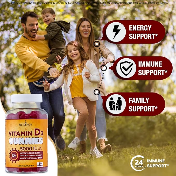 NEW AGE Vitamin D3 5000 IU 125mcg Gummies - Immune Supplement - Non-GMO, Gluten-Free, Dairy-Free, No Gelatin (60 Gummies (Pack of 1))