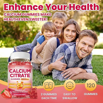 Calcium Citrate Gummies - 1200mg Calcium Gummies Supplements for Women & Men with Vitamin D3, K2, Magnesium, Zinc High Absorption for Bone, Muscle & Immune Support, Strawberry Flavor, 120 Count