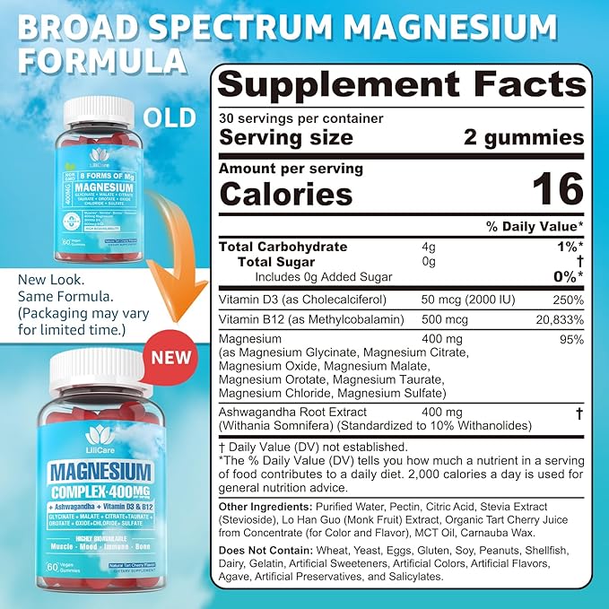 Magnesium Complex Gummies for Women Men 400mg, 8 Forms of Magnesium Glycinate, Citrate, Malate - Sugar Free Calm Magnesium Gummies Supplement with Magnesium Ashwagandha, D3, B12 for Relax,Vegan,120Cts