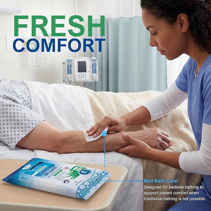 MED PRIDE Hospital Wipes for Bathing, Waterless Rinse Free Bath Wipes for Adults, Microwavable Soft Thick, 12 Packs (96 Count), Aloe Vera
