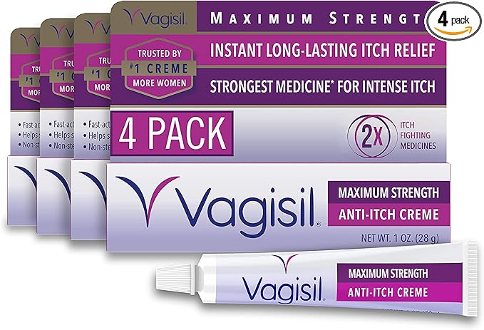 Vagisil Maximum Strength Feminine Anti-Itch Cream with Benzocaine for Women, Helps Relieve Yeast Infection Irritation, Gynecologist Tested, Fast-acting, Soothes and Cools Skin, 1 oz (Pack of 4)