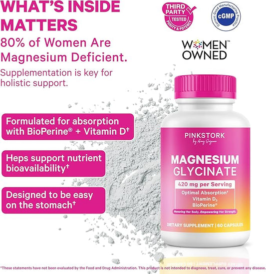 Pink Stork Magnesium Glycinate with Vitamin D - Magnesium Supplement for Women to Support Natural Calm, Mood, and Sleep - Hormone Balance for Women - 60 Capsules, 1 Month Supply