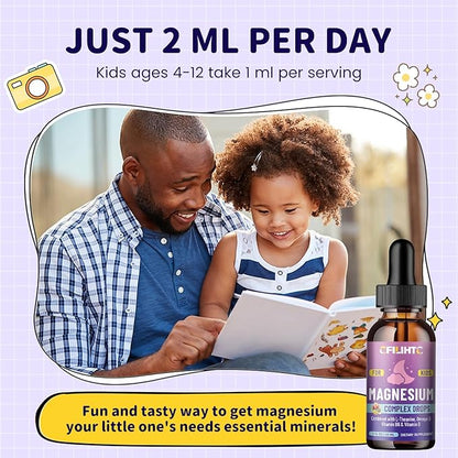 Kids Magnesium Liquid Drops-Magnesium Glycinate Liquid for Kids Supplement-w/L-theanine, Omega-3, Vitamin B6, D3 - for Sleep, Relaxation, Brain, Bones - Mixed Berry Flavor, 4 Fl Oz