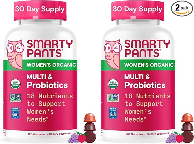 SmartyPants Organic Women's Multivitamin Gummies: Biotin,Probiotics,Methylfolate,Omega 3 (ALA),Vitamin D3,C,Vitamin B12,B6,A,K & Zinc,Inositol,Gluten Free,(30 Day Supply),120 Count (Pack of 2)