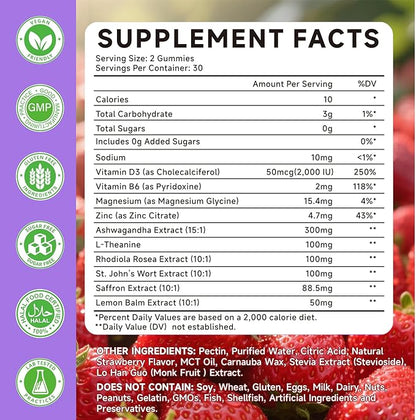 Saffron Supplements Gummies for Kids & Adults Vision, Zzz, Focus & Cortisol with Ashwagandha, L-Theanine, Rhodiola Rosea, St.John's Wort, Lemon Balm, Vitamin D3, B6, Magnesium & Zinc, Strawberry, 60Ct