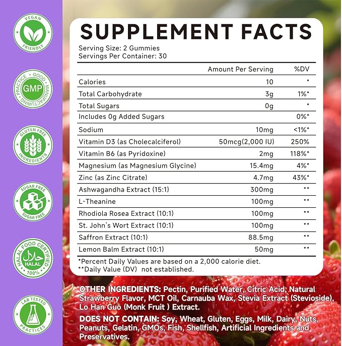Saffron Supplements Gummies for Kids & Adults Vision, Zzz, Focus & Cortisol with Ashwagandha, L-Theanine, Rhodiola Rosea, St.John's Wort, Lemon Balm, Vitamin D3, B6, Magnesium & Zinc, Strawberry, 120