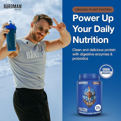 BIRDMAN Falcon Vegan Protein Powder Organic, Stevia & Sugar Free, Plant Based Protein, Low Carb, Dairy Free, Keto, Non Whey Protein, Probiotic, Pea Protein | Chocolate Flavor - 37 Servings - 2.64lb