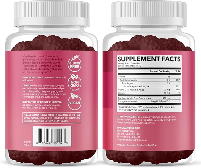 Probiotic Cranberry Gummies for Women - Urinary Tract Health and pH Balance - 1 Billion CFU of Lactobacillus for Bladder Support and Vaginal Wellness - Cran-Raspberry Flavor, 60 count, 1-Month Supply
