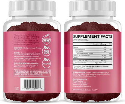 Probiotic Cranberry Gummies for Women - Urinary Tract Health and pH Balance - 1 Billion CFU of Lactobacillus for Bladder Support and Vaginal Wellness - Cran-Raspberry Flavor, 60 count, 1-Month Supply