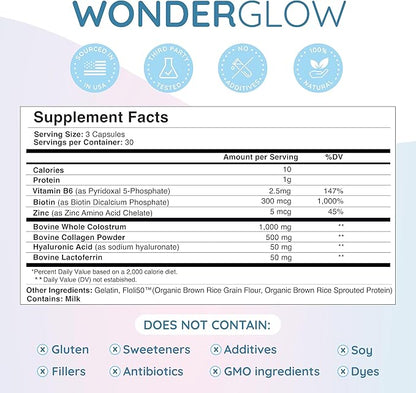 WONDERCOW Hair Skin and Nails Vitamins w/Bovine Colostrum, Collagen, Hyaluronic Acid, Biotin, Zinc, & Lactoferrin┃Supports Faster Hair Growth, Stronger Nails and Glowing Skin (30 Servings, Capsule)