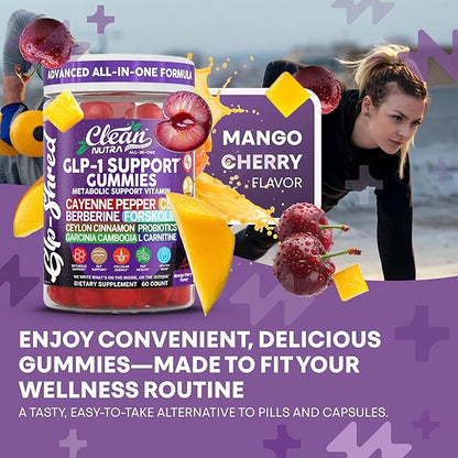 Clean Nutra Gummies with Cayenne Pepper, CLA, Berberine, Forskolin, Ceylon Cinnamon, Probiotics, Garcinia Cambogia & L-Carnitine | Mango Cherry Flavor | 60 Count Chewable Supplement Gummies