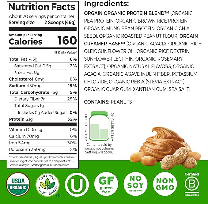 Orgain Organic Vegan Protein Powder, Peanut Butter - 21g Plant Protein, 7g Prebiotic Fiber, Low Net Carb, No Dairy Ingredients, No Added Sugar, For Shakes & Smoothies, 2.03 lb (Packaging May Vary)