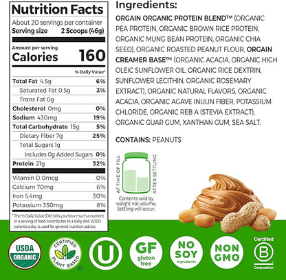 Orgain Organic Vegan Protein Powder, Peanut Butter - 21g Plant Protein, 7g Prebiotic Fiber, Low Net Carb, No Dairy Ingredients, No Added Sugar, For Shakes & Smoothies, 2.03 lb (Packaging May Vary)