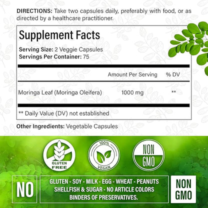 Moringa Capsules| 150 Capsules| Moringa Oleifera | Pure & Natural| Non-GMO and Gluten Free Supplement | Complete Green Superfood | Moringa Leaf Extract Powder