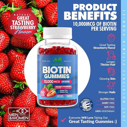 Biotin 10,000mcg Gummies for Hair Growth, Skin & Nails - 2x Maximum Strength Biotin Vitamins for Women & Men - Gluten-Free, Vegan, Non-GMO, Great Tasting Strawberry Flavor - 60 Gummies (1 Month)