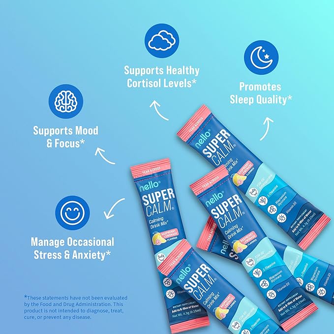 Nello Supercalm Powdered Drink Mix, Cortisol Reducer and Sleep Aid Supplement, L Theanine, Ksm-66 Ashwagandha, Magnesium Glycinate, Vitamin D 3, No Sugar, Non GMO, On The Go, 20 Ct, Raspberry Lemonade