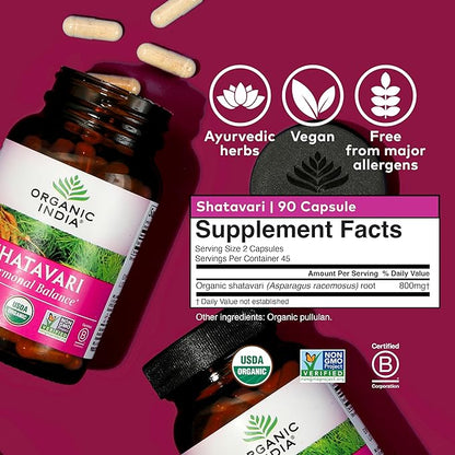 ORGANIC INDIA Shatavari Herbal Supplement - Supports Hormonal Balance, Immune and Inflammatory Response, Vegan, Gluten-Free, USDA Organic, Supports Reproductive Health - 90 Capsules