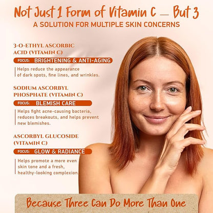 Vitamin C Serum for Face • 3 Stable Vitamin C Forms + 4 Power Ingredients: Hyaluronic Acid & Panthenol • Brightening Anti Aging Serum for Dark Spots, Fine Lines & Wrinkles • Made in Germany, 1,7 fl oz