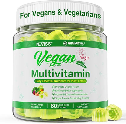 NEVISS Vegan Multivitamin for Women & Men w/Methyl B12, D3 K2, Plant Based Omega 3 (DHA+EPA), Iron, Choline, Zinc, Whole Food Daily Vitamins Gummies for Vegans & Vegetarians, Sugar Free, 60Cts